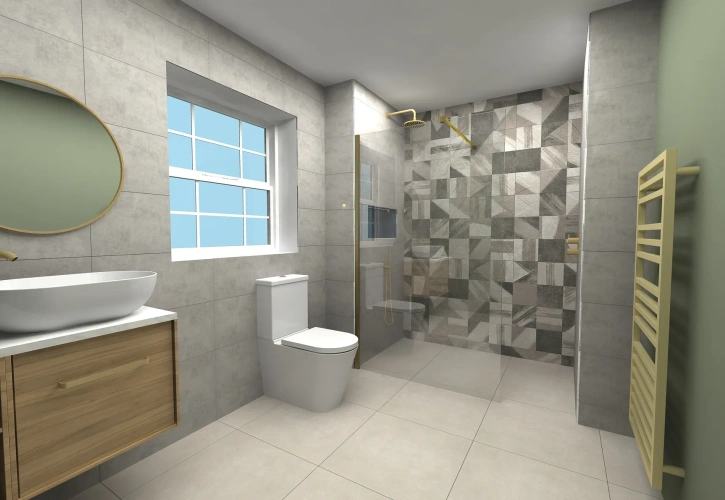 image of 3D CGI bathroom design of a close coupled toilet, modular wooden furniture with open storage and a countertop basin and a patterned tiled shower enclosure